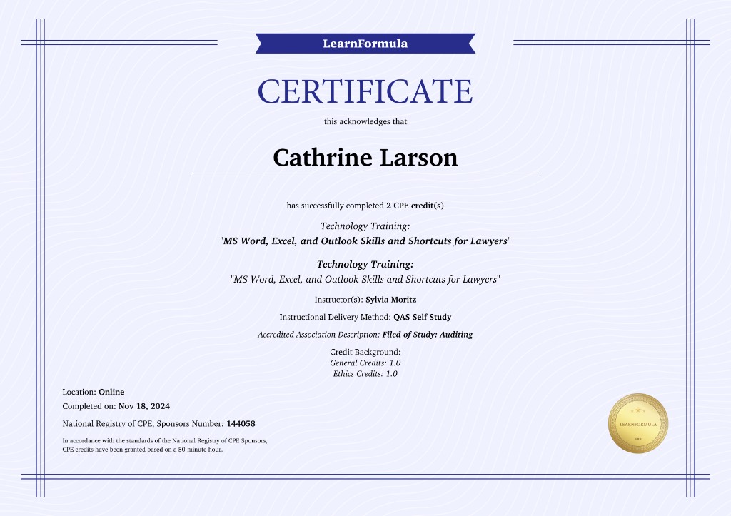 Sample LearnFormula certificate of completion with a gold seal. Specimen only — not a real credential.